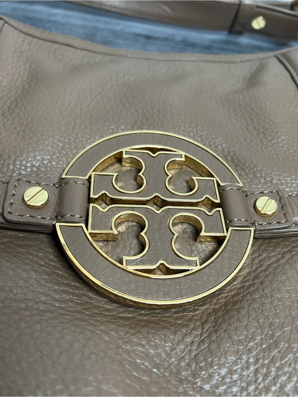 Tory Burch Taupe Pebbled Leather Shoulder Bag with Gold Logo